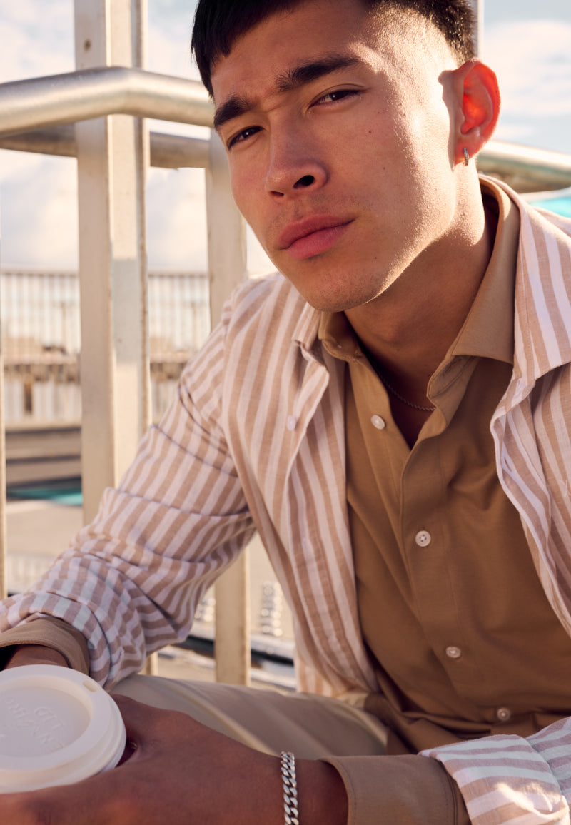 Jamie cotton/linen striped shirt - Sand Melange / Ecru – Urban Brands