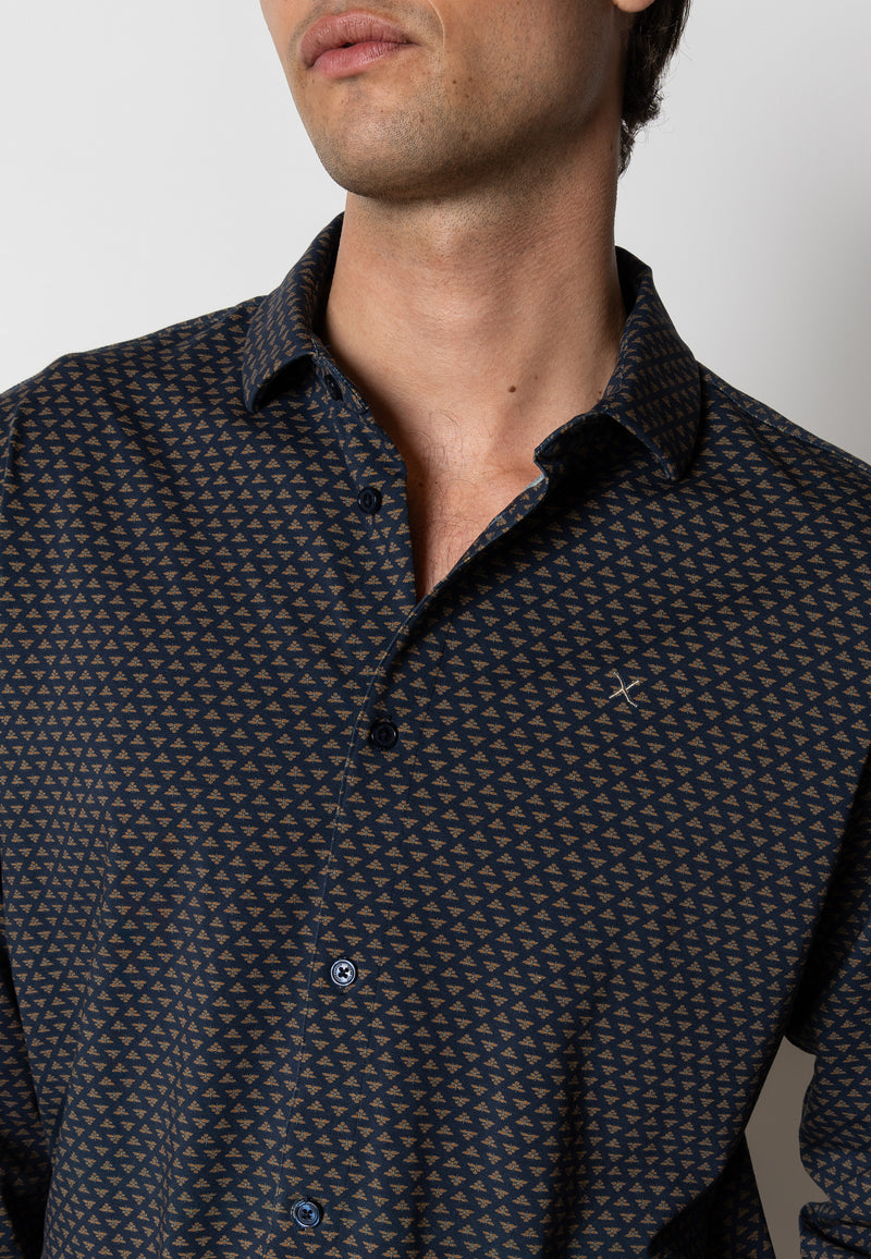 Clean Cut Copenhagen Clean formal printed stretch shirt Shirts L/S Navy/Brown
