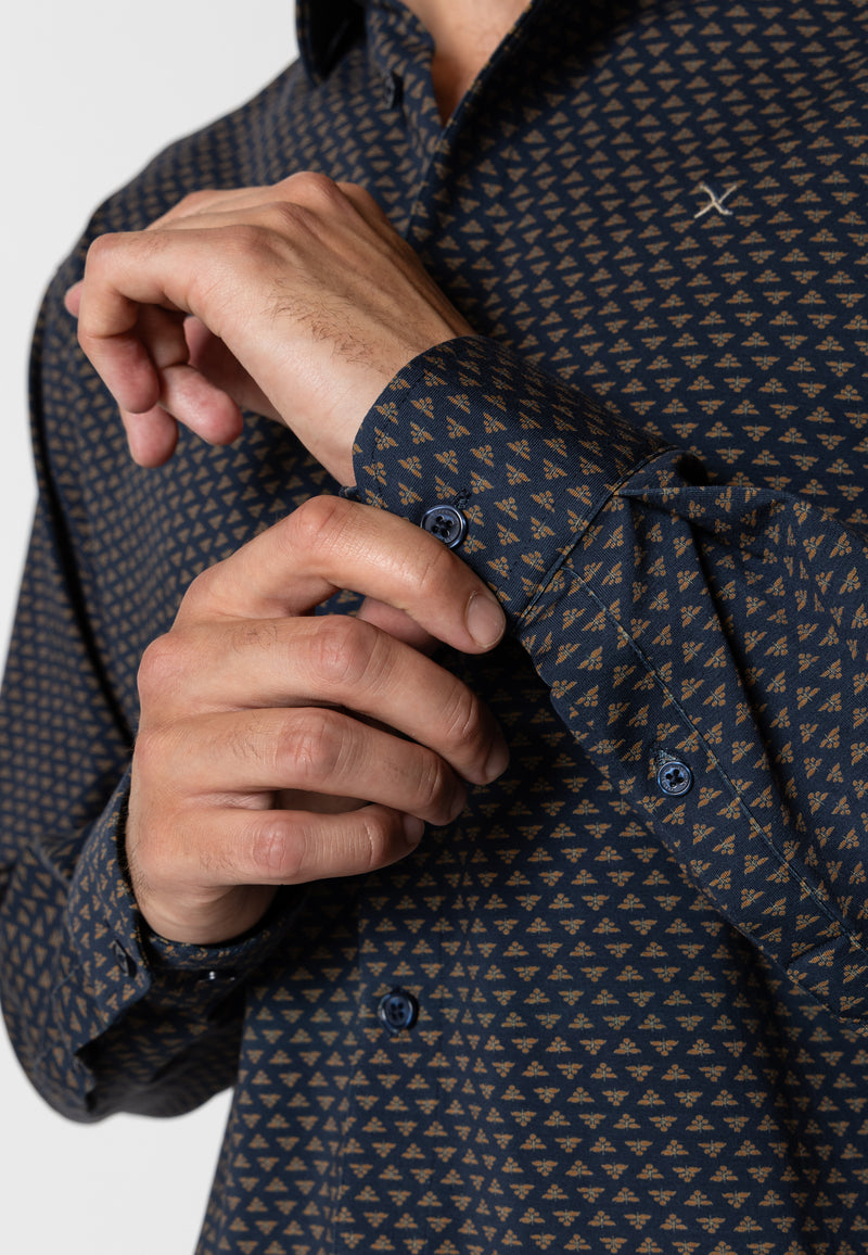 Clean Cut Copenhagen Clean formal printed stretch shirt Shirts L/S Navy/Brown