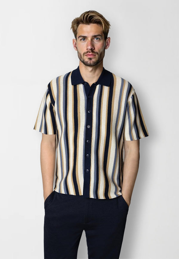 Clean Cut Copenhagen Daniel knitted shirt Shirts S/S Ecru/Blue striped