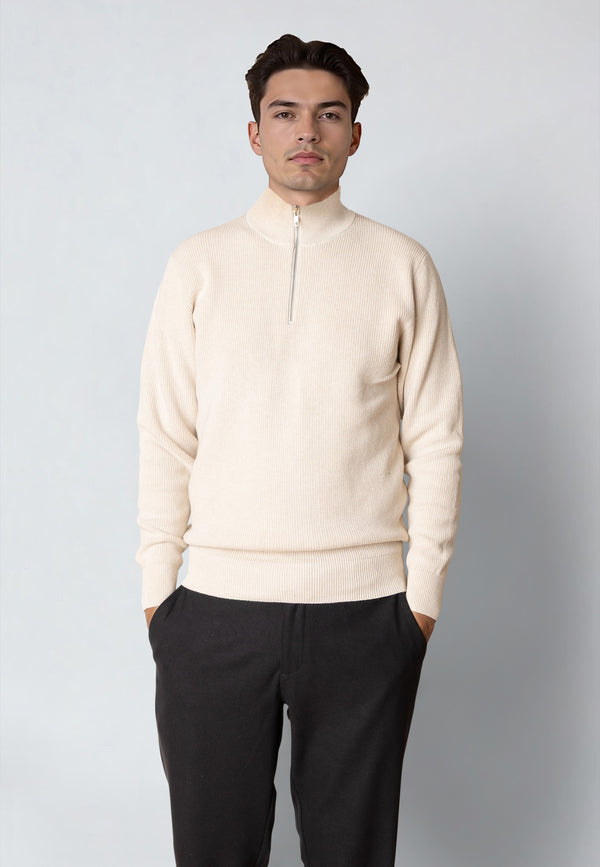 Clean Cut Copenhagen MARIO 1/2 ZIP KNITTED JUMPER Knit Ecru Melange