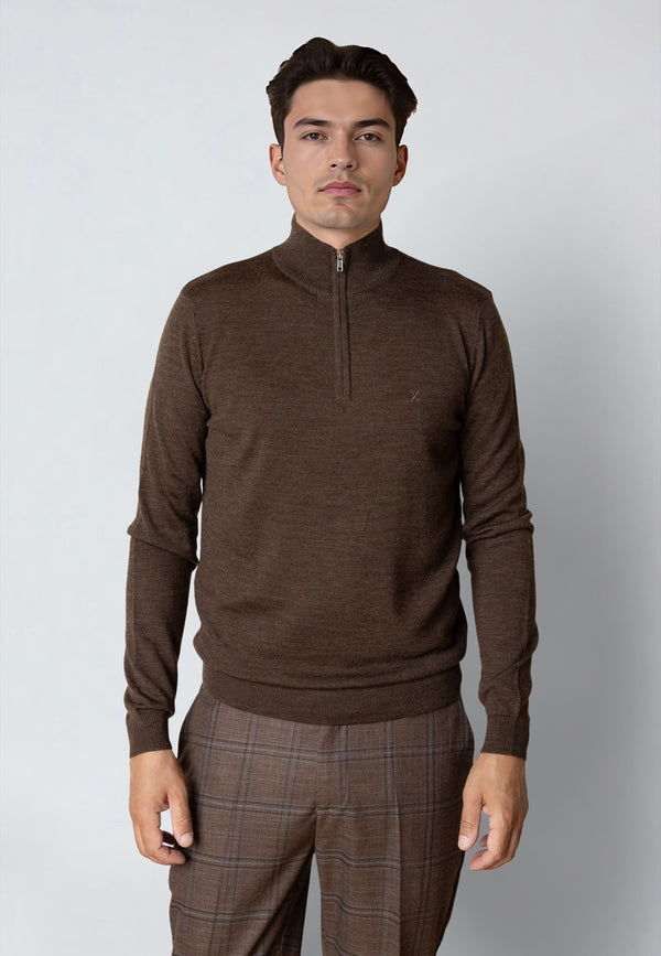 Clean Cut Copenhagen MERINO 1/2 ZIP JUMPER Knit Brown Melange