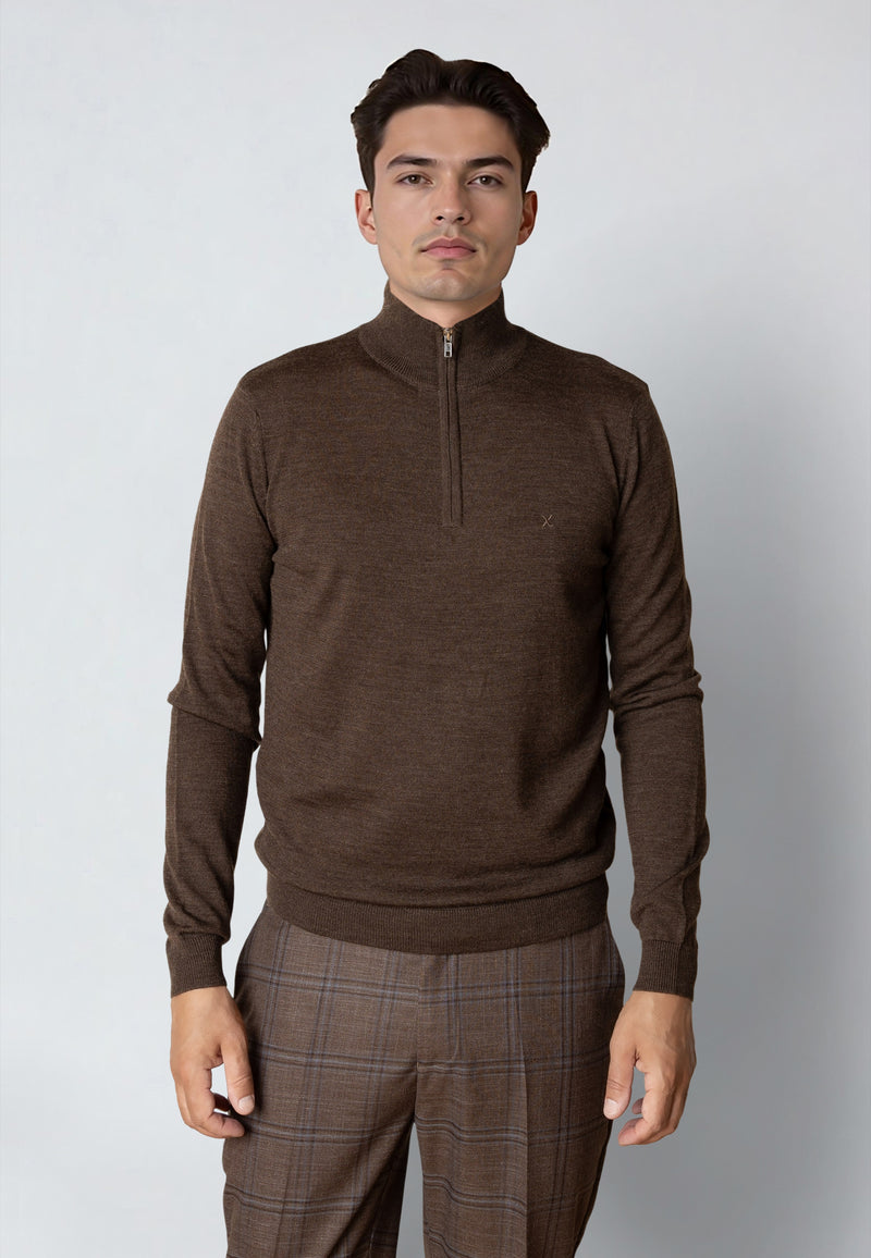 Clean Cut Copenhagen MERINO 1/2 ZIP JUMPER Knit Brown Melange