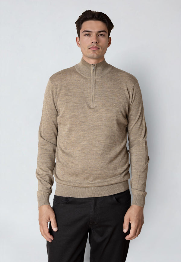 Clean Cut Copenhagen MERINO 1/2 ZIP JUMPER Knit Dark beige melange