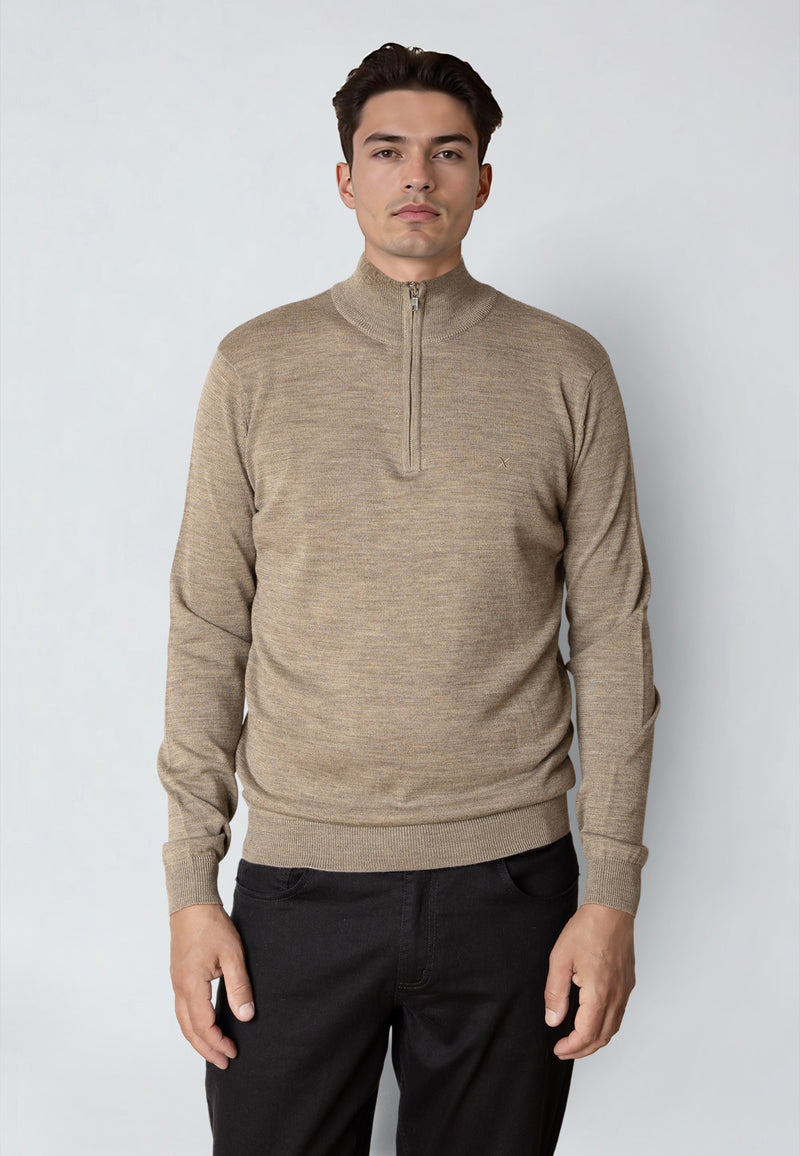Clean Cut Copenhagen MERINO 1/2 ZIP JUMPER Knit Dark beige melange