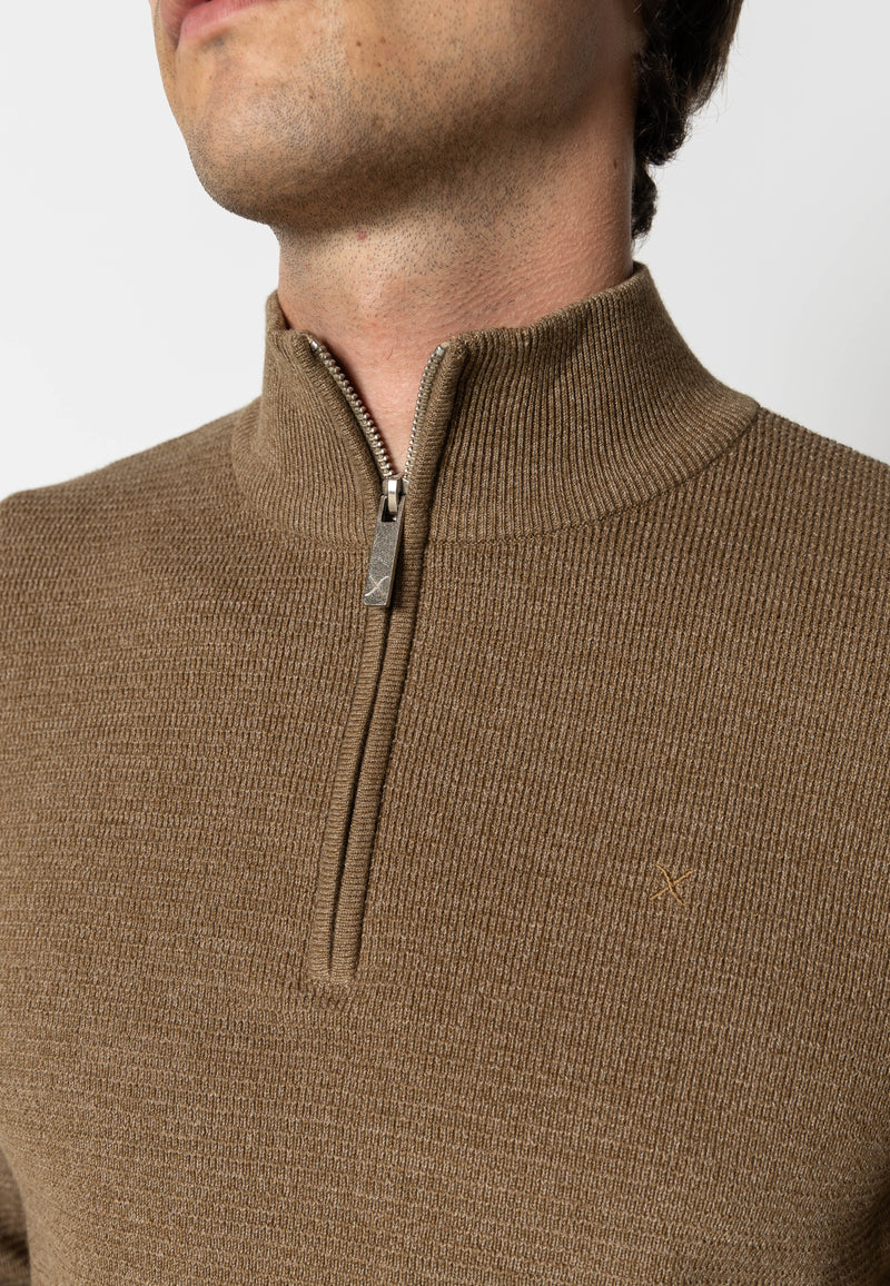 Clean Cut Copenhagen OSCAR 1/2 ZIP KNITTED JUMPER Knit Brown Melange