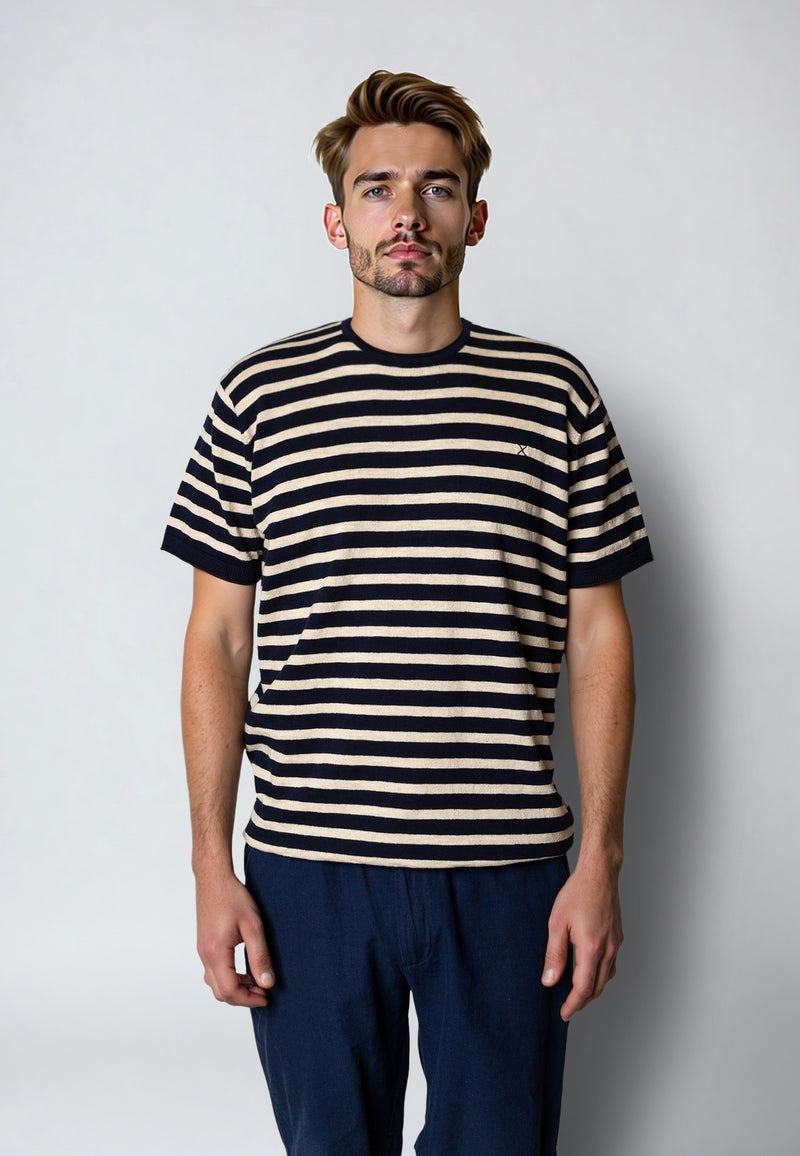 Clean Cut Copenhagen Thomas stripe knitted t-shirt T-shirts S/S Navy/Ecru striped