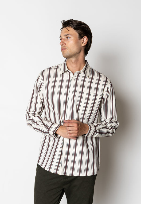 Clean Cut Copenhagen Willum lyocell shirt Shirts L/S Ecru/Dark Plum striped